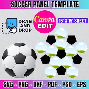 Puede incluir: Una plantilla de panel de balón de fútbol con un balón de fútbol y un diseño de un campo de fútbol con nubes. La plantilla es para una hoja de 15 pulgadas por 15 pulgadas y se puede editar usando Canva. El texto "DRAG AND DROP" está incluido en la imagen.