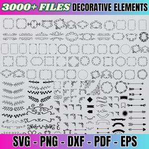 May include: A collection of over 3000 decorative elements, including frames, borders, swirls, arrows, and floral designs. The elements are black and white and are perfect for adding a touch of elegance to any project.