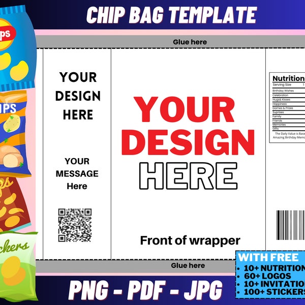 Chip Bag Template, Blank Chip Bag, Chip Bag Template Canva Editable, Chip Bag Label, Party chip bag, chip bag editable