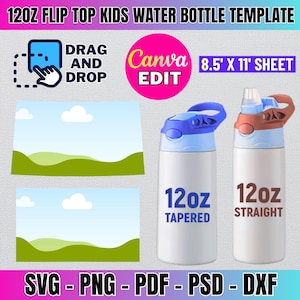 May include: Two 12oz water bottles, one tapered and one straight, with flip tops. The bottles are white with blue and brown accents. The bottles are on a white background with the text "12oz Tapered" and "12oz Straight" printed on them. The image also includes a mockup template for a water bottle label with a sky and grass background.