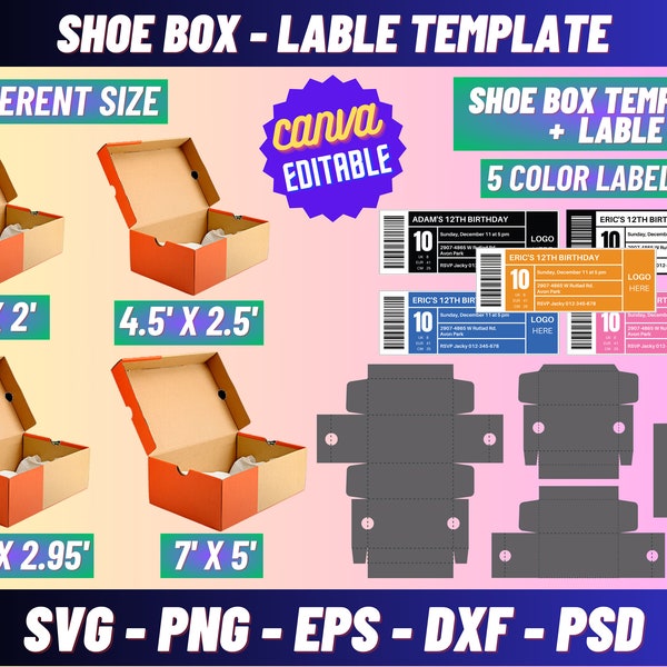 Shoe Box Template Bundle, Sneaker Box Template Bundle Svg, Shoe box label svg, Gift Box Svg, Party Favors box, Shoe box label template