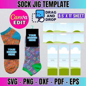 Puede incluir: Una plantilla digital para crear plantillas de calcetines. La plantilla incluye dos diseños de calcetines, uno con círculos naranja y azul y el otro con círculos morado y verde. La plantilla también incluye un área de arrastrar y soltar para agregar tus propios diseños. La plantilla está diseñada para una hoja de papel de 21,6 x 27,9 cm.