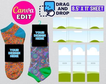 May include: A digital template for creating sock jigs. The template includes two sock designs, one with orange and blue circles and the other with purple and green circles. The template also includes a drag and drop area for adding your own designs. The template is designed for an 8.5 x 11 inch sheet of paper.