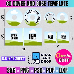Może przedstawiać: Szablon okładki i etui na płyty CD z wymiarami w calach. Projekt zawiera okrągłe i prostokątne szablony z etykietami tekstowymi dla przedniej i tylnej okładki. Obraz zawiera również tekst "Drag and Drop" i "Canva Edit".