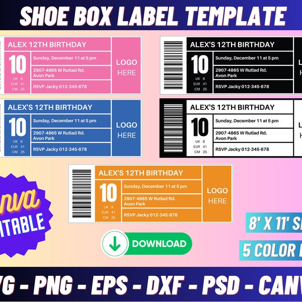 Schoenendoos labelsjabloon, schoenendoos label SVG, label sjabloon SVG, label SVG, verjaardag vak SVG, gunst vak label, afdrukbare sjabloon