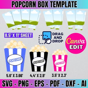 Pode incluir: Um modelo imprimível para uma caixa de pipocas. O modelo é projetado para ser usado com o Canva e inclui instruções para arrastar e soltar elementos. O modelo é mostrado com três tamanhos diferentes de caixas de pipocas: 14,2 cm por 9,3 cm, 11,2 cm por 7,4 cm e 8,9 cm por 5,8 cm. O modelo está disponível nos formatos SVG, PNG, EPS, PDF, DXF e AI.
