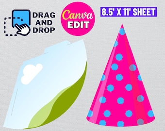 May include: A printable party hat template with two different designs. One design is a blue and green hat with a cloud and a hill. The other design is a pink hat with blue polka dots. The text on the image reads "PARTY HAT TEMPLATE", "DRAG AND DROP", "Canva EDIT", and "8.5' X 11' SHEET".
