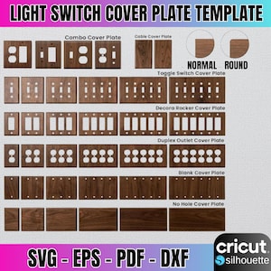 Puede incluir: Una variedad de plantillas de placas de cubierta de interruptores de luz de madera. La imagen incluye placas de cubierta combinadas, placas de cubierta de cable, placas de cubierta de interruptor basculante, placas de cubierta Decora Rocker, placas de cubierta de salida dúplex, placas de cubierta en blanco y placas sin orificios. El texto incluye "LIGHT SWITCH COVER PLATE TEMPLATE" y "SVG - EPS - PDF - DXF".
