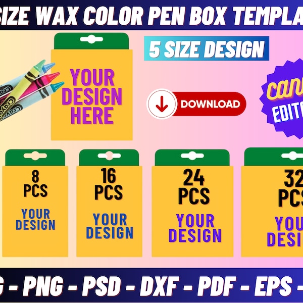 Modello di scatola di pastelli a 5 dimensioni, modello di scatola di pastelli a cera, favore di partito, scatola in formato SVG, scatola regalo con penna a colori in cera, modello di scatola regalo