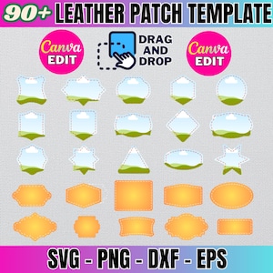 Könnte beinhalten: Ein Set mit über 90 Leder-Patch-Vorlagen in verschiedenen Formen und Größen. Die Vorlagen sind in Canva bearbeitbar und können für verschiedene Zwecke verwendet werden, z. B. zum Erstellen von individuellen Patches für Kleidung, Taschen oder andere Gegenstände. Die Vorlagen sind in den Formaten SVG, PNG, DXF und EPS verfügbar.