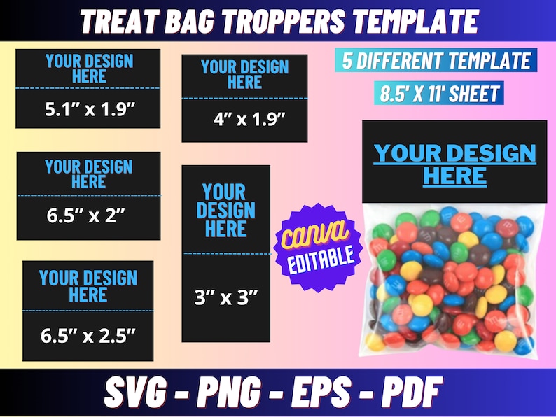 Treat Bag Troppers Template Svg Bundle, Editable Bag Topper, treat bag stickers, Party. favor template image 1