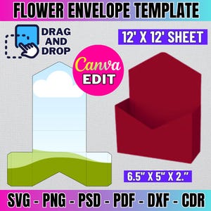 Blumen Umschlag Vorlage, Blumen Umschlag Box Vorlage, leere Vorlage, Canva bearbeitbar, PSD, PNG, SVG, Dxf, Silhouette