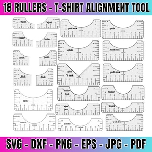 Puede incluir: Un conjunto de 18 reglas de alineación de camiseta en blanco y negro para diferentes tamaños, incluyendo bebé, niño pequeño, joven y adulto. Las reglas están etiquetadas con medidas en pulgadas y tienen marcas para el centro, la espalda y el frente de la camiseta.