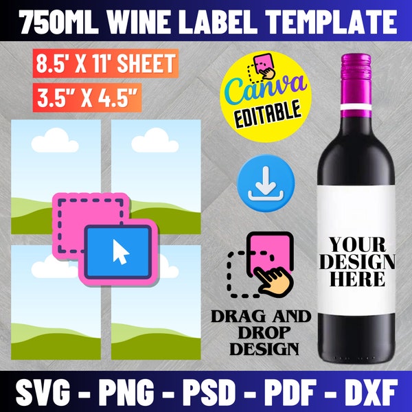 750ml Wine Label Template, Wine Bottle Labels, Wine Label Svg, Wine Bottle Tag, DIY Wine Sticker, Party Favor, Printable