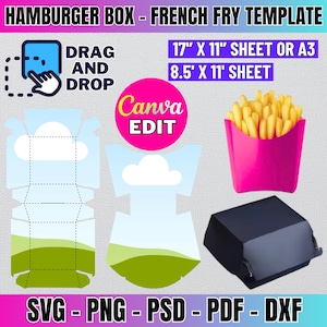 Szablon pudełka na hamburgery Svg, Szablon hamburgera, Szablon pudełka na cheeseburgery, Szablon pudełka na frytki Svg, Opakowanie na frytki, Pudełko na przekąski