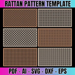 Può includere: Cinque diversi modelli di motivi in ​​rattan in formato PDF, AI, SVG, DXF ed EPS. I motivi sono in varie tonalità di marrone e beige, alcuni con cerchi e altri con quadrati.