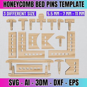 以下が含まれることがあります： 3つの異なるサイズ（5.5 mm、7 mm、11 mm）のハニカムベッドピン用のデジタルテンプレートです。テンプレートには、L字型、T字型、ストレートピンなど、さまざまな形状とサイズのピンが含まれています。テンプレートは、SVG、AI、3DM、DXF、EPS形式で入手できます。