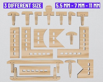 May include: A digital template for honeycomb bed pins in three different sizes: 5.5 mm, 7 mm, and 11 mm. The template includes various shapes and sizes of pins, including L-shaped, T-shaped, and straight pins. The template is available in SVG, AI, 3DM, DXF, and EPS formats.
