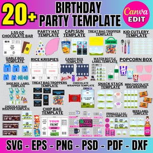 Paquete de 20 plantillas para fiestas de cumpleaños, caja de palomitas de maíz, obsequio de fiesta, plantilla de bolsa de papas fritas, plantilla de botella de agua, RiceKrispie, plantilla de Pringles
