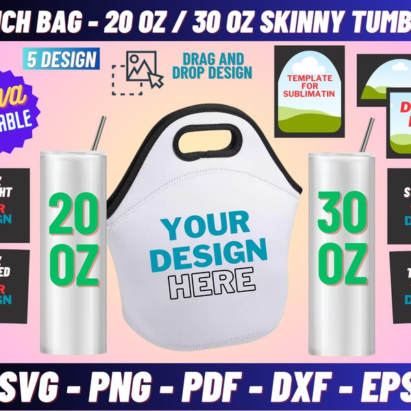 Lunch Bag- 20 Oz Skinny Tumbler Template Bundle, 30 Oz Skinny Tumbler Template, Lunch Tote Sublimation Template, Tumbler Template Svg