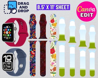 Könnte beinhalten: Eine Vorlage für Uhrenarmbänder mit 10 verschiedenen Designs. Die Designs umfassen Blumenmuster, Galaxie-Drucke und einfarbige Farben. Die Vorlage ist 8,5 Zoll mal 11 Zoll groß und kann in Canva bearbeitet werden.