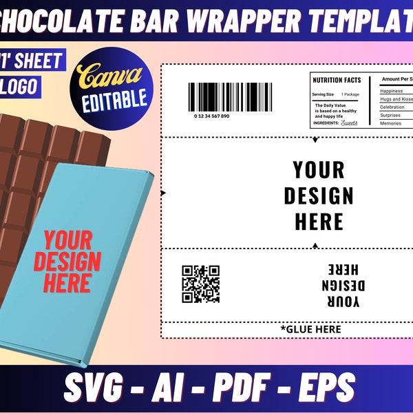 Modèle d'emballage de barre de chocolat de 1,55 oz, emballage de barre chocolatée, modèle d'étiquette d'emballage de chocolat, étiquette nutritionnelle, cadeau de fête, modèle d'emballage