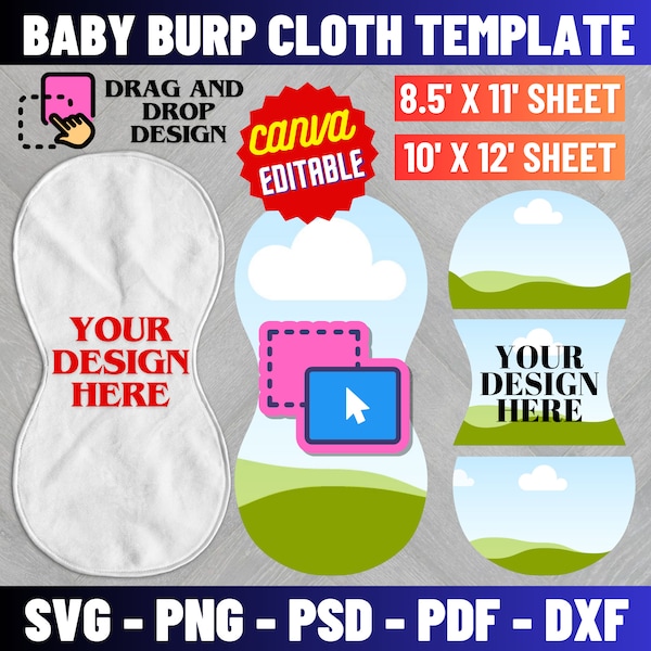 Baby Burp Cloth Template, Baby Burp Cloth for Sublimation, Baby Boy or Girl Burp Template, Burp Sublimation Design, svg, png, Canva Editable