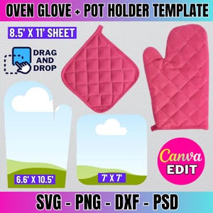 May include: A digital template for an oven mitt and pot holder. The template is designed to be used with Canva and includes a pink oven mitt and pot holder with a quilted design. The template is 8.5 inches by 11 inches and includes the text "DRAG AND DROP".
