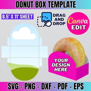 Könnte beinhalten: Eine druckbare Donut-Schachtelvorlage mit einem grünen und blauen Landschaftsdesign. Die Vorlage ist für die Verwendung mit einem Blatt Papier im Format 8,5 x 11 Zoll ausgelegt. Der Text "DRAG AND DROP Canva EDIT" ist im Bild enthalten.