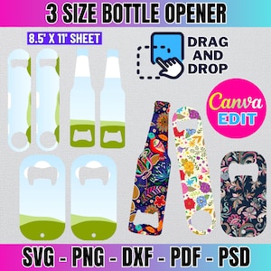 Könnte beinhalten: Drei verschiedene Größen von Flaschenöffner-Designs. Die Designs umfassen ein Blumenmuster, ein geometrisches Muster und eine einfache Umrandung. Der Text "DRAG AND DROP" und "Canva EDIT" ist ebenfalls im Bild enthalten.