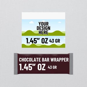 May include: A brown chocolate bar wrapper with white text that reads "Chocolate Bar Wrapper" and "1.45" OZ 43 GR". The wrapper has a green and blue design with clouds and hills.