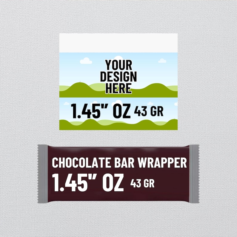 May include: A brown chocolate bar wrapper with white text that reads "Chocolate Bar Wrapper" and "1.45" OZ 43 GR". The wrapper has a green and blue design with clouds and hills.