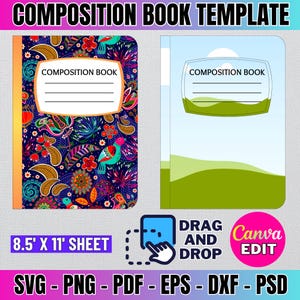 Op de afbeelding: Twee afdrukbare kaften voor een compositieboek, een met een kleurrijk bloemenpatroon en de andere met een blauwe lucht en groene heuvels. Beide kaften bevatten de tekst "Composition Book" en zijn geschikt voor een vel van 8,5 x 11 inch.
