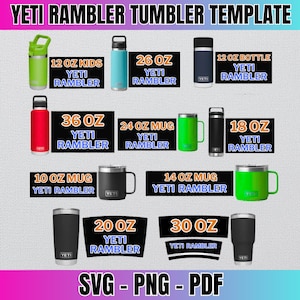 May include: A collection of 10 different sized Yeti Rambler tumblers in various colors, including black, green, red, blue, and silver. The tumblers are labeled with their size in ounces, including 10 oz, 12 oz, 14 oz, 18 oz, 20 oz, 24 oz, 26 oz, 30 oz, and 36 oz. The tumblers are all made of stainless steel and have a double-wall vacuum insulation to keep drinks cold or hot for hours.