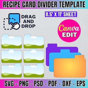 May include: A digital template for recipe card dividers. The template includes six colorful dividers with a landscape scene and the text "DRAG AND DROP". The template is designed for use with Canva and is available in SVG, PNG, PSD, PDF, DXF, and EPS formats. The template is for an 8.5 x 11 inch sheet.