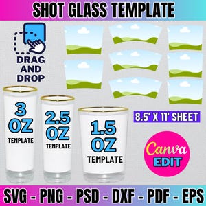 Pacchetto di modelli per bicchierini da shot, involucro per bicchierini da shot da 1,5 oz, 2,5 oz, 3 oz, SVG per bicchierini da shot, sublimazione per bicchierini da shot, modello Canva trascina e rilascia