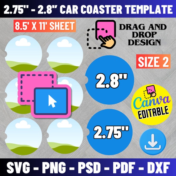 Car Coaster Template, Car Cup Coaster Svg, Mockup Template, Editable Canva, Car Cup Coaster Sublimation Prints, Svg For Cricut & Silhouette