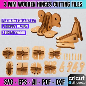 Puede incluir: Archivos de corte de bisagras de madera para corte láser, con varios diseños y formas. La imagen incluye bisagras ensambladas y sin ensamblar, hechas de madera contrachapada de 3 mm. El texto indica que los archivos están listos para corte láser.
