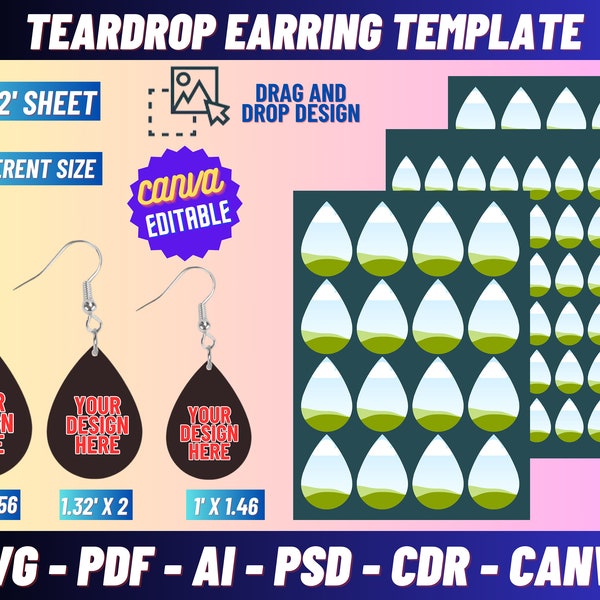 Teardrop Earring Template Bundle, Teardrop Earring Svg, Teardrop Earring Sublimation Canva Template