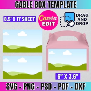 May include: Printable template for a gable box with a pink base and a sky and hills design. The template is 8.5 inches by 11 inches and the box is 6 inches by 3.6 inches. The text "Gable Box Template" is at the top of the image. The text "Canva Edit" is in a circle. The text "Drag and Drop" is in a rectangle. The text "SVG - PNG - PSD - PDF - DXF" is at the bottom of the image.