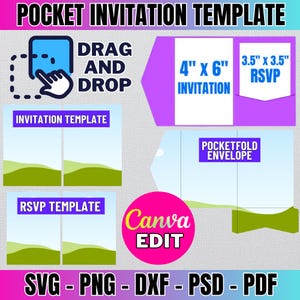 Modelo de bolso, modelo de convite de casamento de bolso de 5 x 7 polegadas, modelo de convite de casamento com envelope, para impressão, Svg, Canva editável