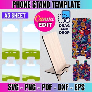Puede incluir: Una plantilla de soporte para teléfono en formatos SVG, PNG, PDF, DXF y EPS. La plantilla es para una hoja A3 y presenta un diseño de soporte para teléfono con textura de madera. La plantilla es editable en Canva.