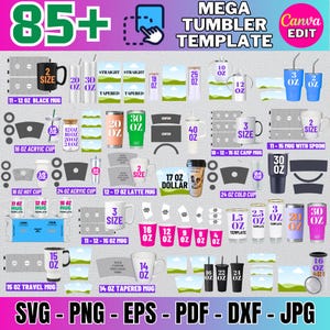 Puede incluir: Gráfico que presenta varias plantillas de vasos, incluyendo tazas y vasos de diferentes tamaños y estilos. La imagen incluye texto como "MEGA TUMBLER TEMPLATE" e indicadores de tamaño como "20 OZ" y "30 OZ". La imagen está en formatos SVG, PNG, EPS, PDF, DXF y JPG.
