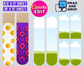 May include: A digital template for creating sock designs. The template includes two sock designs, one with a donut pattern on a purple background and the other with a lemon pattern on a white background. The template also includes four blank sock designs with a green grass and blue sky background. The text "SOCK JIG TEMPLATE" is at the top of the image. The text "Canva EDIT" is in the center of the image. The text "DRAG AND DROP" is in the upper right corner of the image. The text "8.5' X 11' SHEET" and "10' X 12' SHEET" are in the upper left corner of the image. The text "SVG - PNG - EPS - DXF - PDF - PSD - DOCX" is at the bottom of the image.