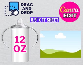 May include: A white 12 oz sippy cup template with a clear lid and two handles. The template is designed for use with Canva and includes a drag and drop feature. The image also includes a sample design with a blue sky, white clouds, and green hills.