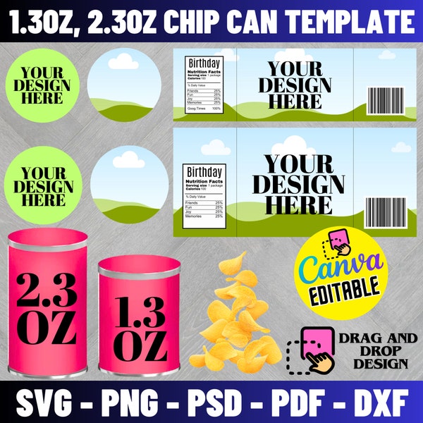 Pringles 1.3 oz Labels Template, Pringles 2.3 oz Labels Template, Chip can Label template, Pringles Template, Canva Editable template