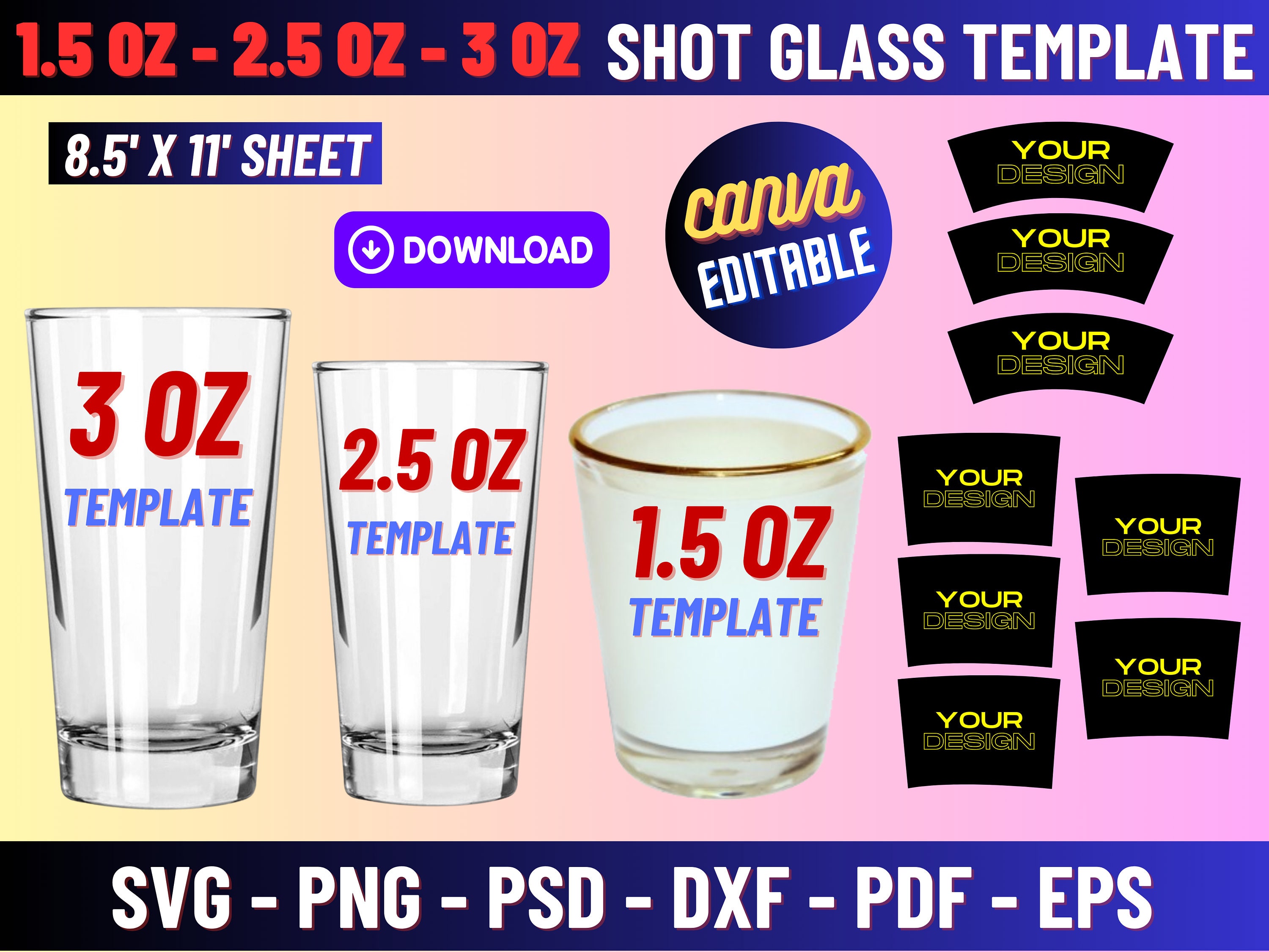1.5oz Shot Glass Wrapper Sublimation Template 8.5x11 Sheet SVG, PNG, PSD  and Docx 
