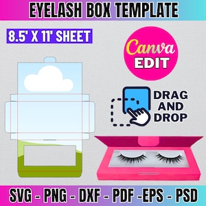 May include: A printable template for an eyelash box. The template is designed to be printed on an 8.5 by 11 inch sheet of paper. The template includes a cloud design and a green and blue landscape design. The template can be edited using Canva. The text "DRAG AND DROP" is included in the image.