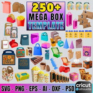 Könnte beinhalten: Eine Sammlung verschiedener Box-Vorlagen in unterschiedlichen Formen und Größen, darunter Geschenkboxen, Lebensmittelbehälter und Verpackungsdesigns. Das Bild zeigt den Text "250+ MEGA BOX TEMPLATE" und enthält Dateiformate wie SVG, PNG, EPS, AI, DXF und PSD.