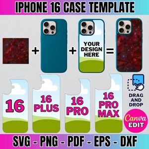 May include: A template for creating iPhone 16 cases. The template includes four different case sizes: 16, 16 Plus, 16 Pro, and 16 Pro Max. The template also includes a drag and drop feature for adding designs to the cases. The text "Your Design Here" is displayed on the case template.